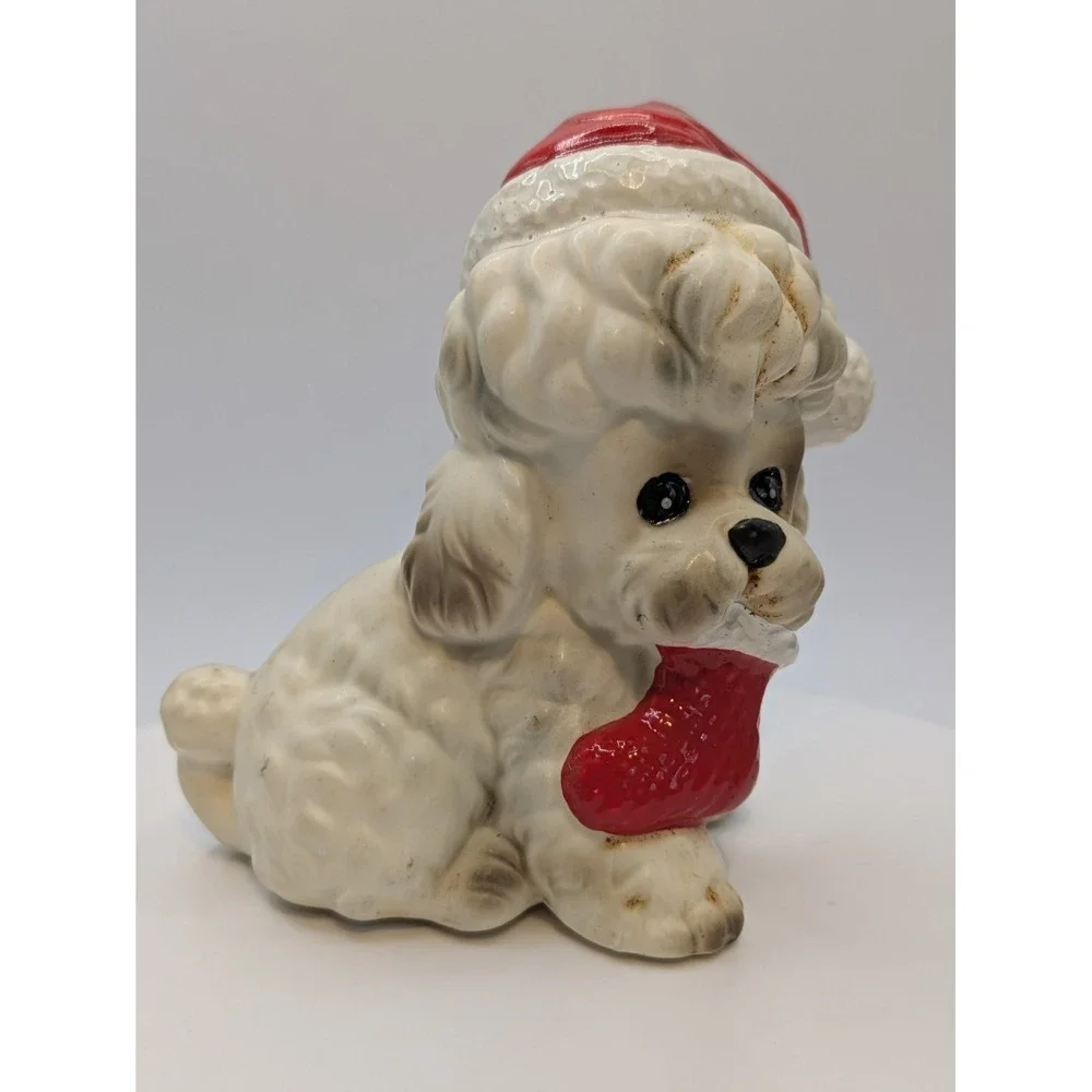 Vintage Josef Original Christmas White Poodle Dog Ceramic Figurine Santa Hat